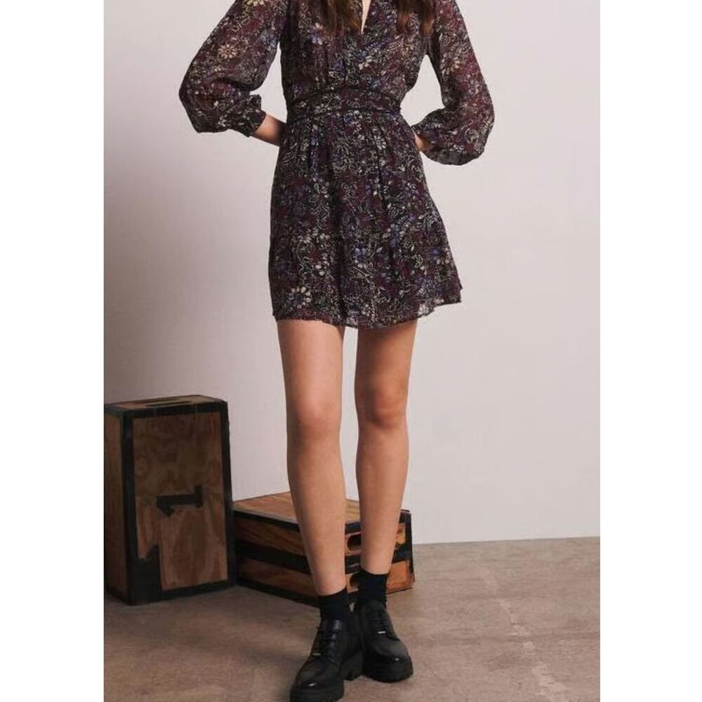 ba&sh Giani Sheer Floral Mini Dress in Carbone Burgundy Size 1 Small